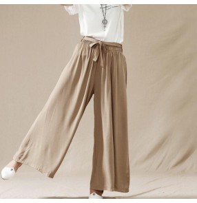 Navy dark blue army green black khaki colored linen long length women's fashion casual plus size wide leg loose swing bloomers pants trousers